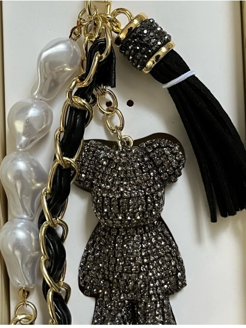 Eye Candy Black rhinestone bag charm key chain with faux pearls and gold chain